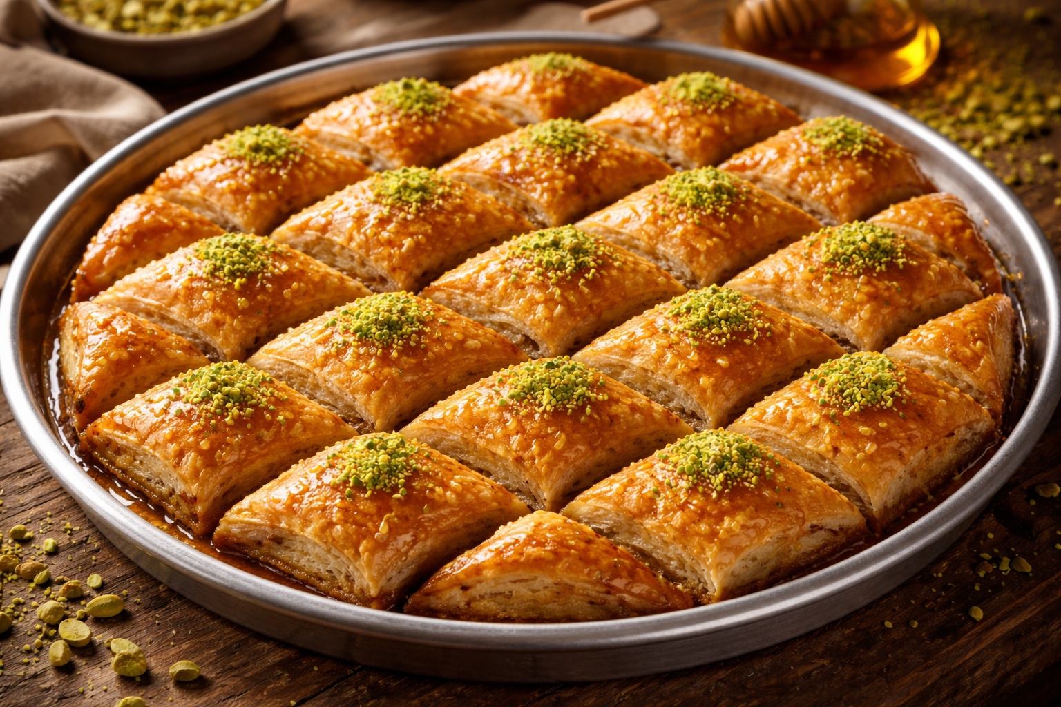 Tepside dilimlenmiş geleneksel baklava