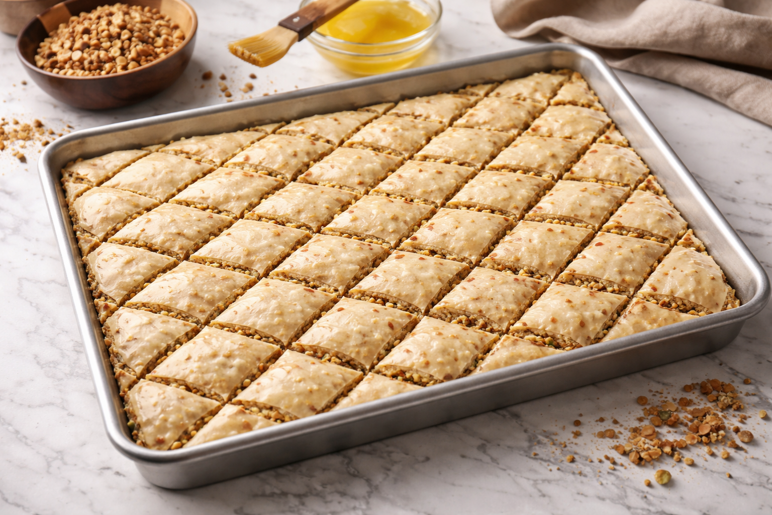 Tepside katmanlanmış baklava yufkaları