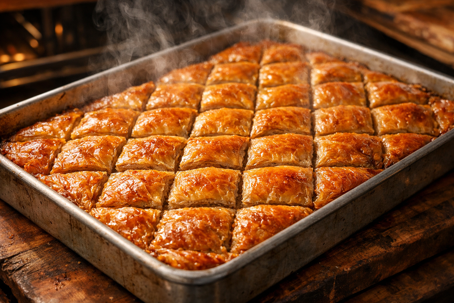 Fırından çıkmış baklava tepsisinin üstten görünümü