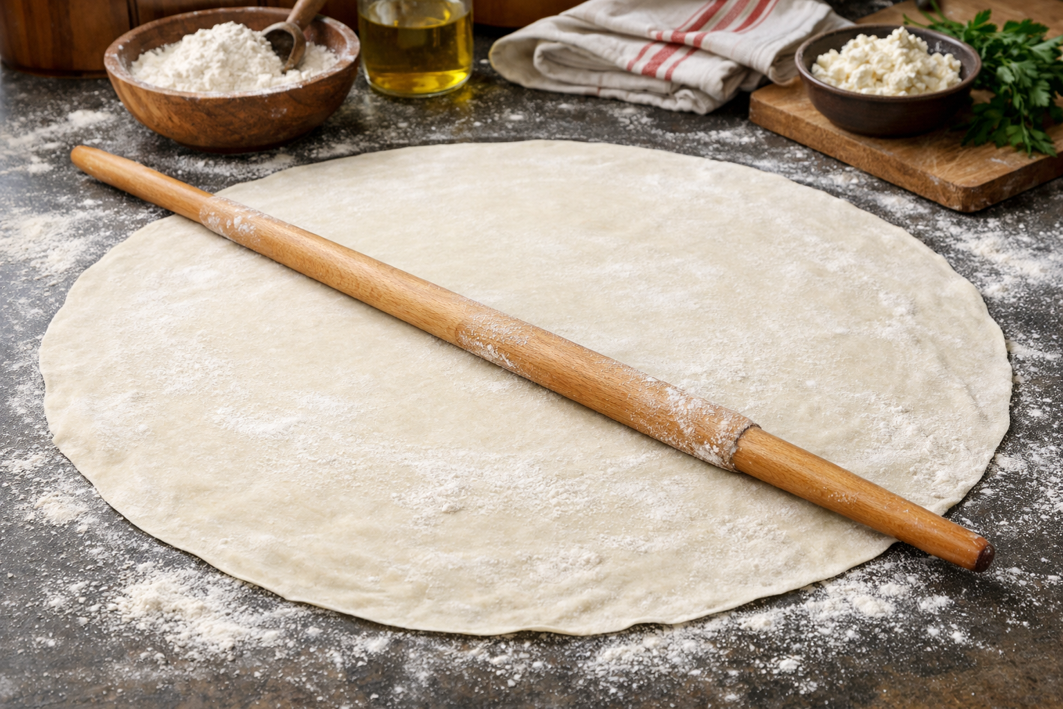 Açılmış yufka hamuru ve oklava